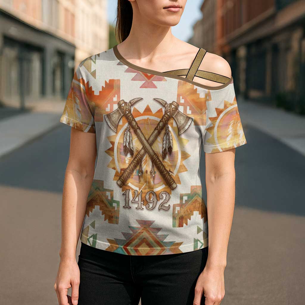 Native American Headdress and Tomahawk Cross Shoulder Shirt with 1492 Symbolic Date Traditional Feather Motif Indigenous Heritage - Wonder Print Shop