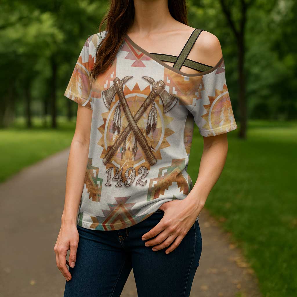 Native American Headdress and Tomahawk Cross Shoulder Shirt with 1492 Symbolic Date Traditional Feather Motif Indigenous Heritage - Wonder Print Shop
