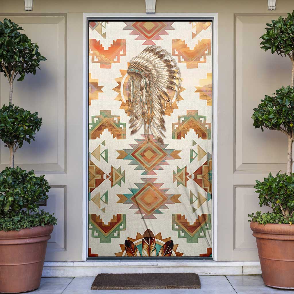 Native American Headdress and Tomahawk Door Cover with 1492 Symbolic Date Traditional Feather Motif Indigenous Heritage - Wonder Print Shop