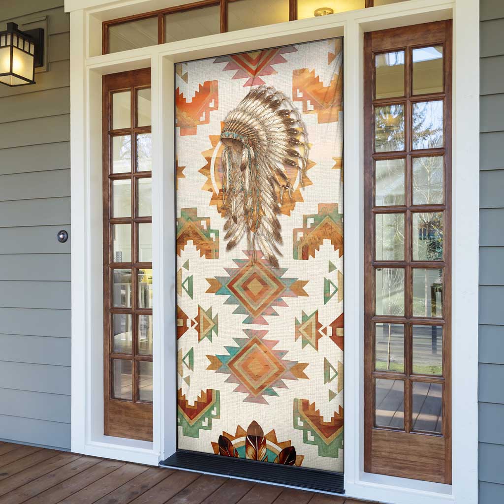 Native American Headdress and Tomahawk Door Cover with 1492 Symbolic Date Traditional Feather Motif Indigenous Heritage - Wonder Print Shop