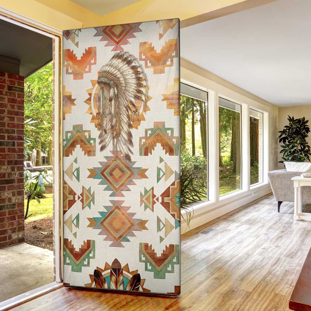 Native American Headdress and Tomahawk Door Cover with 1492 Symbolic Date Traditional Feather Motif Indigenous Heritage - Wonder Print Shop