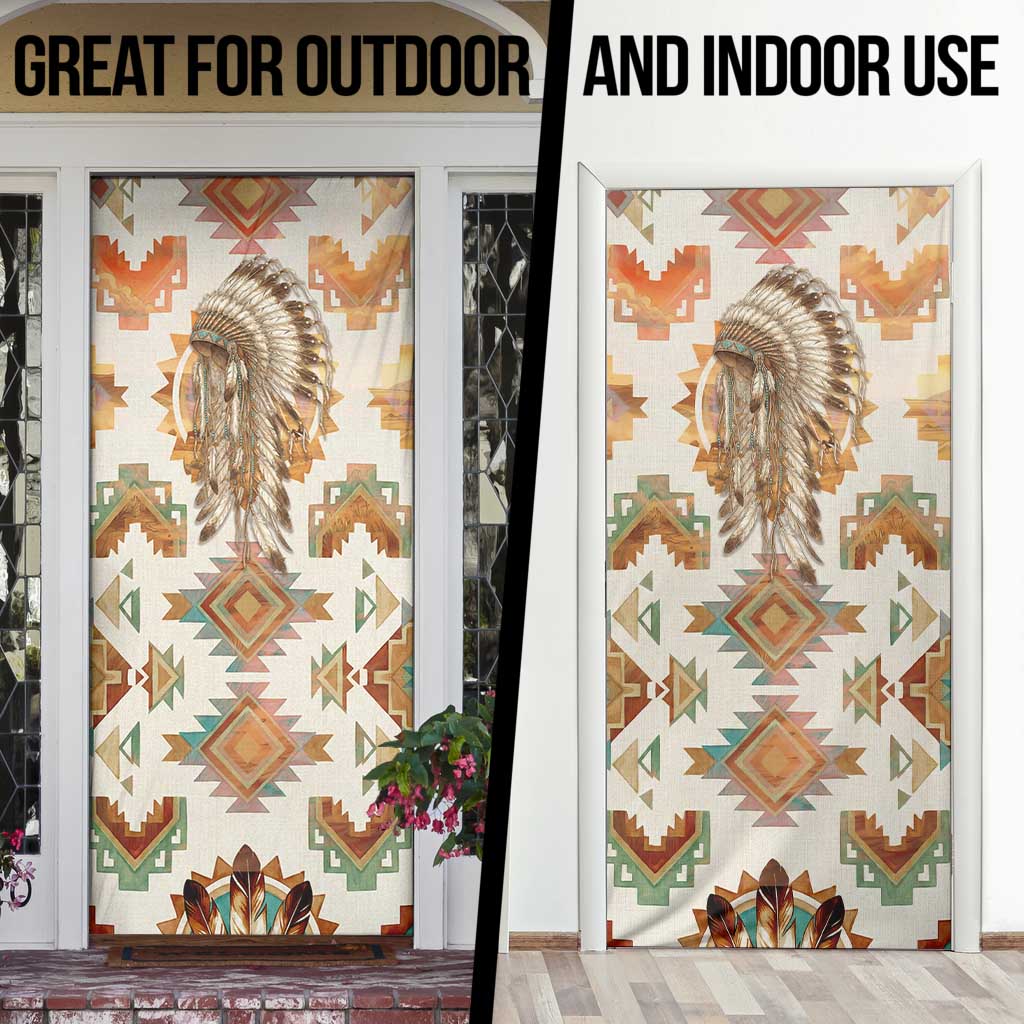 Native American Headdress and Tomahawk Door Cover with 1492 Symbolic Date Traditional Feather Motif Indigenous Heritage - Wonder Print Shop