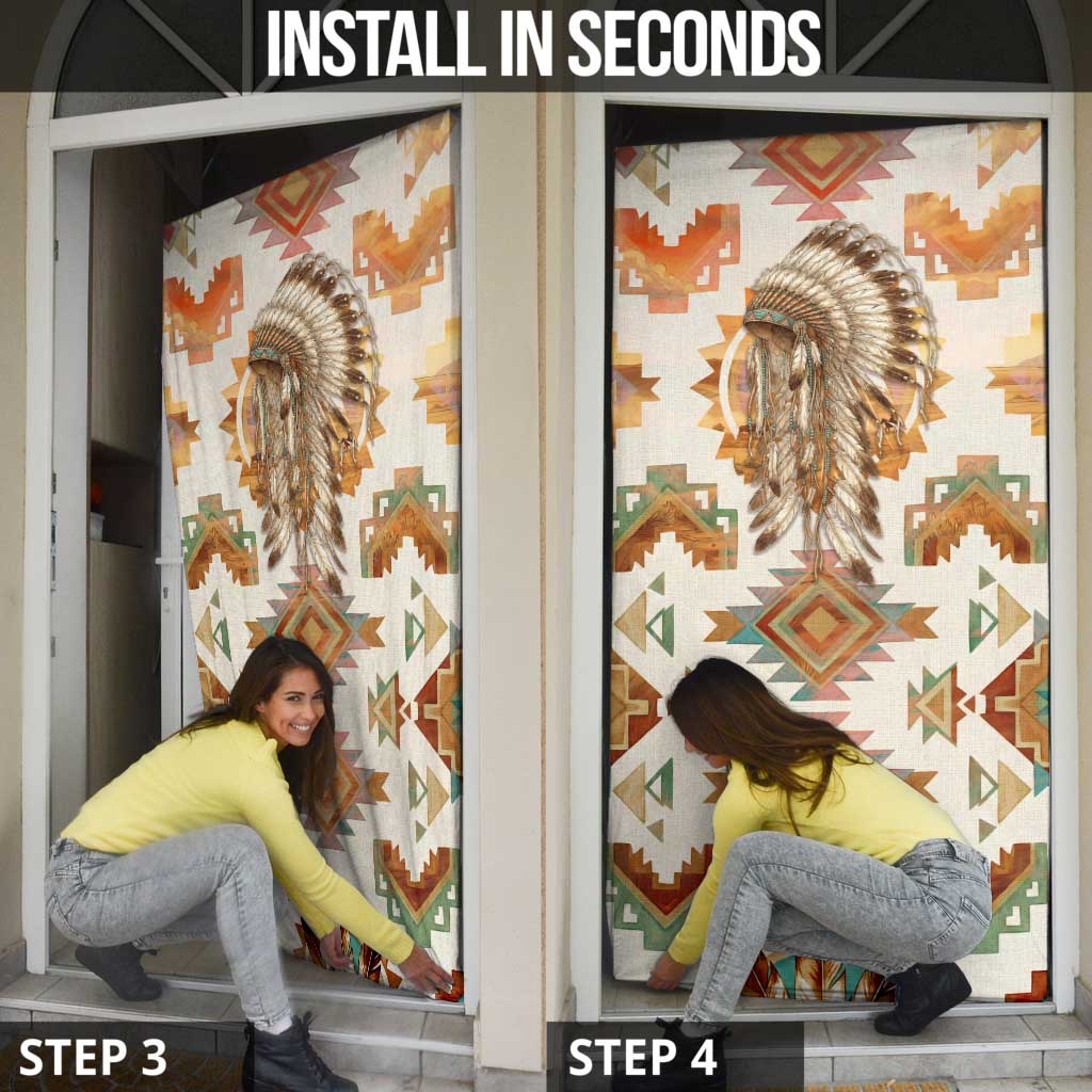 Native American Headdress and Tomahawk Door Cover with 1492 Symbolic Date Traditional Feather Motif Indigenous Heritage - Wonder Print Shop