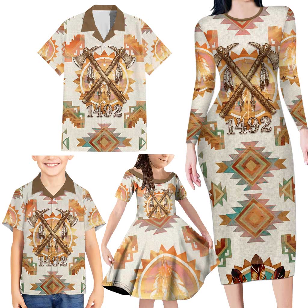 Native American Headdress and Tomahawk Family Matching Long Sleeve Bodycon Dress and Hawaiian Shirt with 1492 Symbolic Date Traditional Feather Motif Indigenous Heritage - Wonder Print Shop
