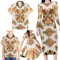 Native American Headdress and Tomahawk Family Matching Long Sleeve Bodycon Dress and Hawaiian Shirt with 1492 Symbolic Date Traditional Feather Motif Indigenous Heritage - Wonder Print Shop