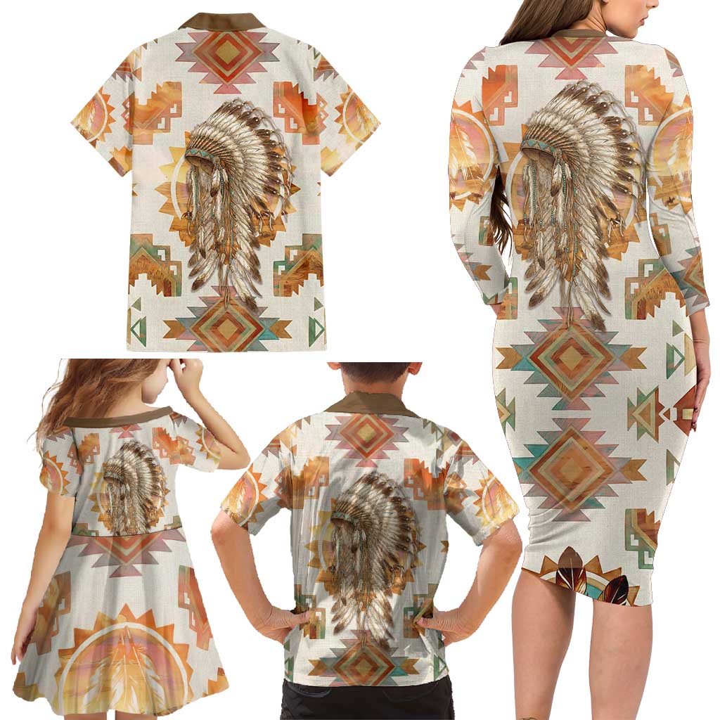 Native American Headdress and Tomahawk Family Matching Long Sleeve Bodycon Dress and Hawaiian Shirt with 1492 Symbolic Date Traditional Feather Motif Indigenous Heritage - Wonder Print Shop
