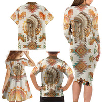 Native American Headdress and Tomahawk Family Matching Long Sleeve Bodycon Dress and Hawaiian Shirt with 1492 Symbolic Date Traditional Feather Motif Indigenous Heritage - Wonder Print Shop