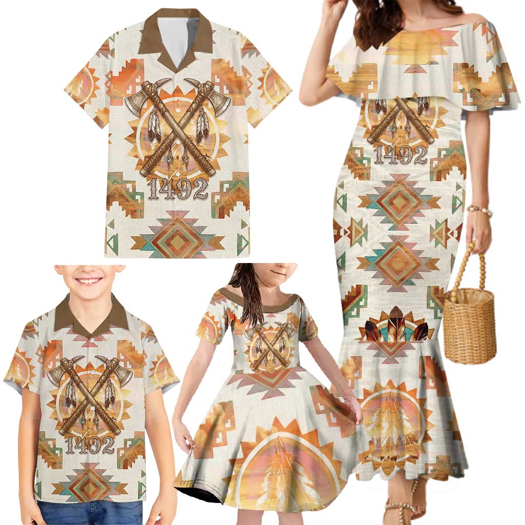 Native American Headdress and Tomahawk Family Matching Mermaid Dress and Hawaiian Shirt with 1492 Symbolic Date Traditional Feather Motif Indigenous Heritage - Wonder Print Shop