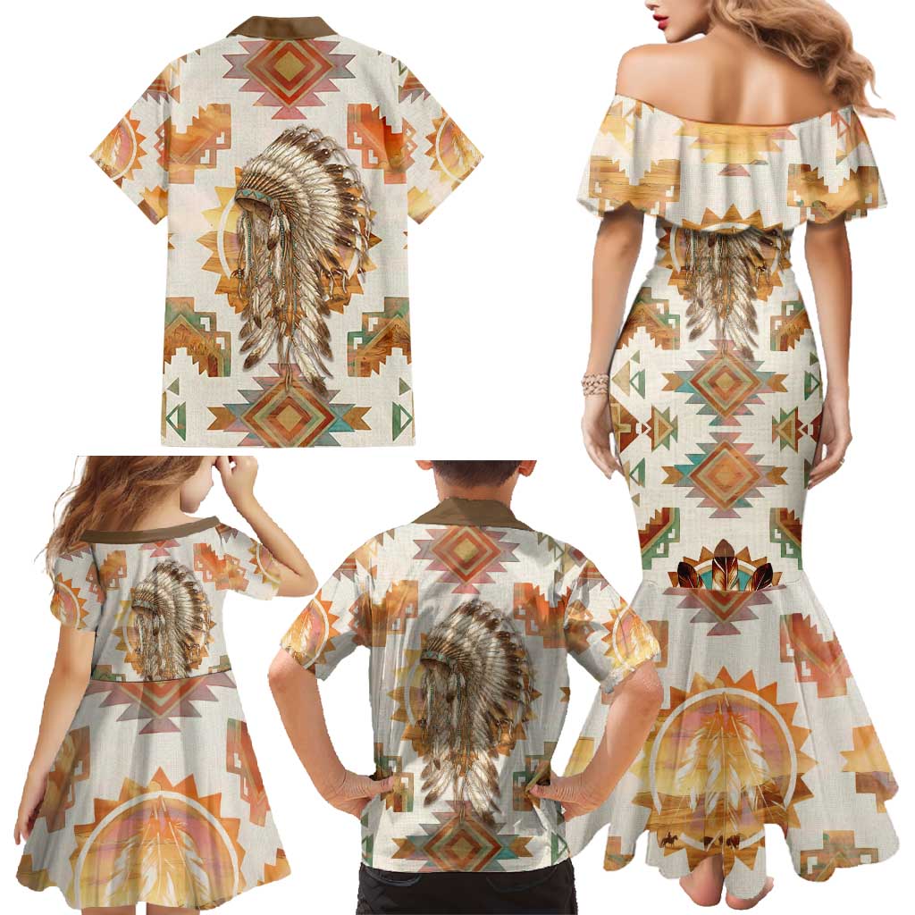 Native American Headdress and Tomahawk Family Matching Mermaid Dress and Hawaiian Shirt with 1492 Symbolic Date Traditional Feather Motif Indigenous Heritage - Wonder Print Shop