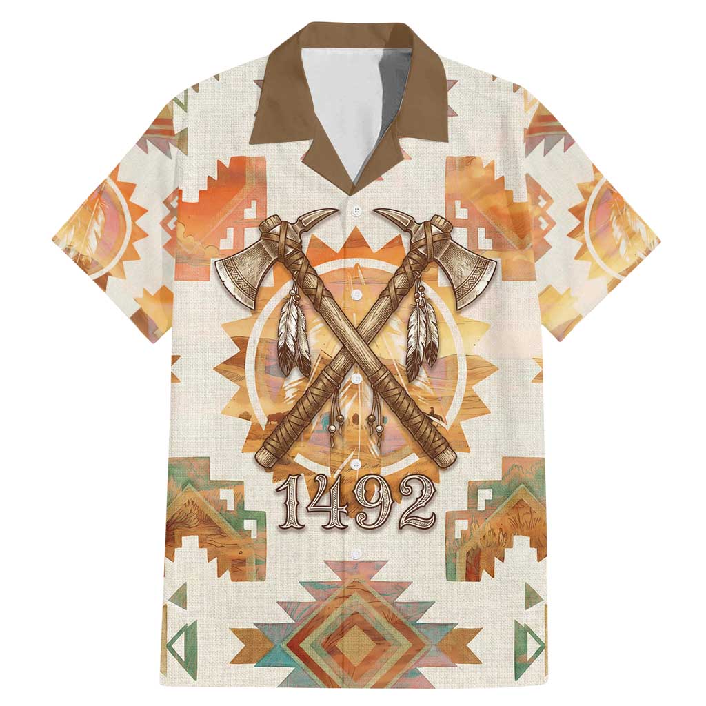 Native American Headdress and Tomahawk Family Matching Mermaid Dress and Hawaiian Shirt with 1492 Symbolic Date Traditional Feather Motif Indigenous Heritage - Wonder Print Shop