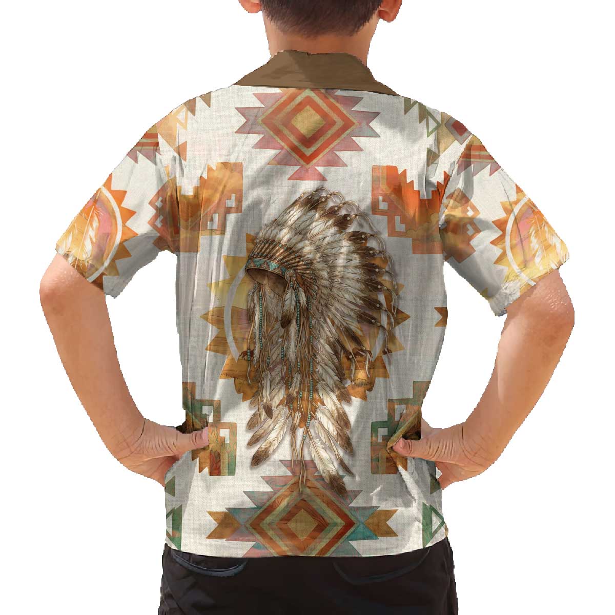 Native American Headdress and Tomahawk Family Matching Off The Shoulder Long Sleeve Dress and Hawaiian Shirt with 1492 Symbolic Date Traditional Feather Motif Indigenous Heritage - Wonder Print Shop