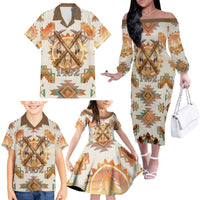 Native American Headdress and Tomahawk Family Matching Off The Shoulder Long Sleeve Dress and Hawaiian Shirt with 1492 Symbolic Date Traditional Feather Motif Indigenous Heritage - Wonder Print Shop