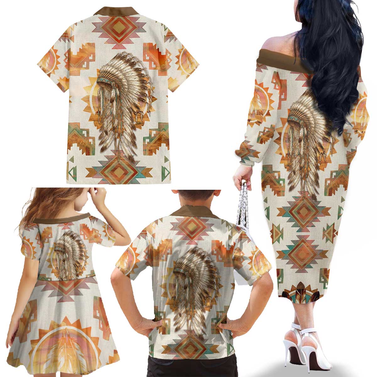 Native American Headdress and Tomahawk Family Matching Off The Shoulder Long Sleeve Dress and Hawaiian Shirt with 1492 Symbolic Date Traditional Feather Motif Indigenous Heritage - Wonder Print Shop