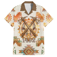 Native American Headdress and Tomahawk Family Matching Off The Shoulder Long Sleeve Dress and Hawaiian Shirt with 1492 Symbolic Date Traditional Feather Motif Indigenous Heritage - Wonder Print Shop