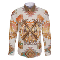 Native American Headdress and Tomahawk Family Matching Off The Shoulder Long Sleeve Dress and Hawaiian Shirt with 1492 Symbolic Date Traditional Feather Motif Indigenous Heritage - Wonder Print Shop