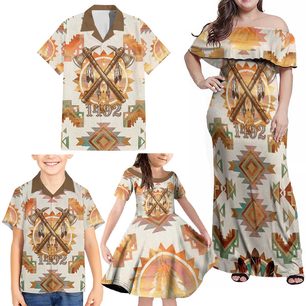 Native American Headdress and Tomahawk Family Matching Off Shoulder Maxi Dress and Hawaiian Shirt with 1492 Symbolic Date Traditional Feather Motif Indigenous Heritage - Wonder Print Shop