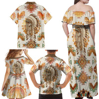 Native American Headdress and Tomahawk Family Matching Off Shoulder Maxi Dress and Hawaiian Shirt with 1492 Symbolic Date Traditional Feather Motif Indigenous Heritage - Wonder Print Shop