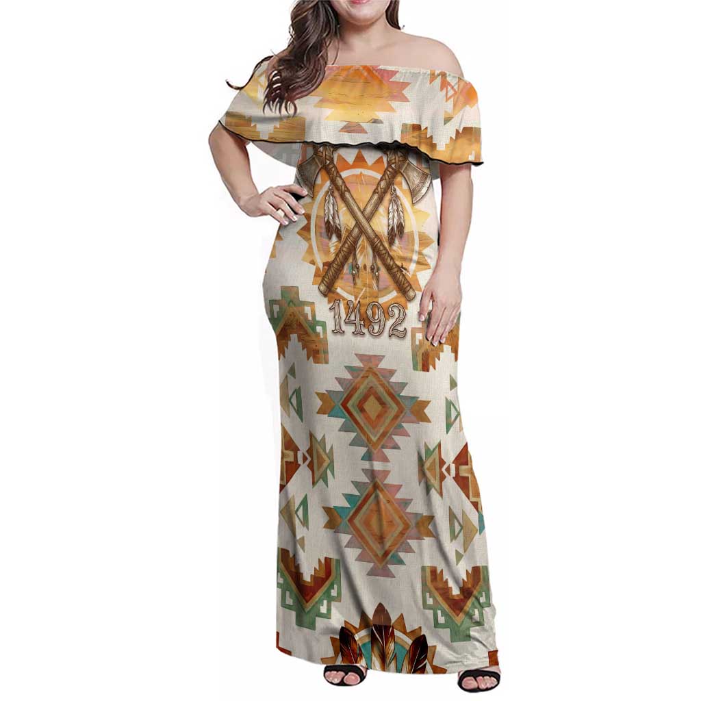 Native American Headdress and Tomahawk Family Matching Off Shoulder Maxi Dress and Hawaiian Shirt with 1492 Symbolic Date Traditional Feather Motif Indigenous Heritage - Wonder Print Shop