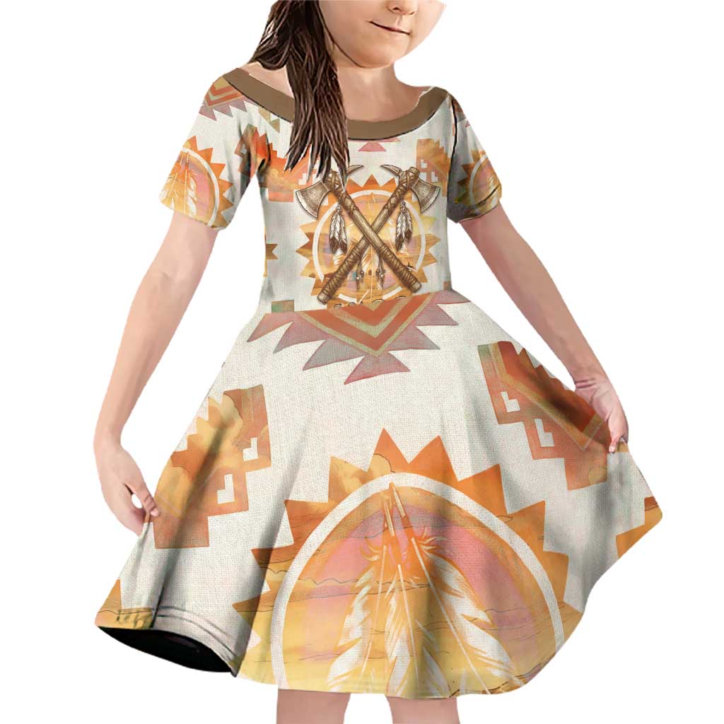 Native American Headdress and Tomahawk Family Matching Off Shoulder Short Dress and Hawaiian Shirt with 1492 Symbolic Date Traditional Feather Motif Indigenous Heritage - Wonder Print Shop