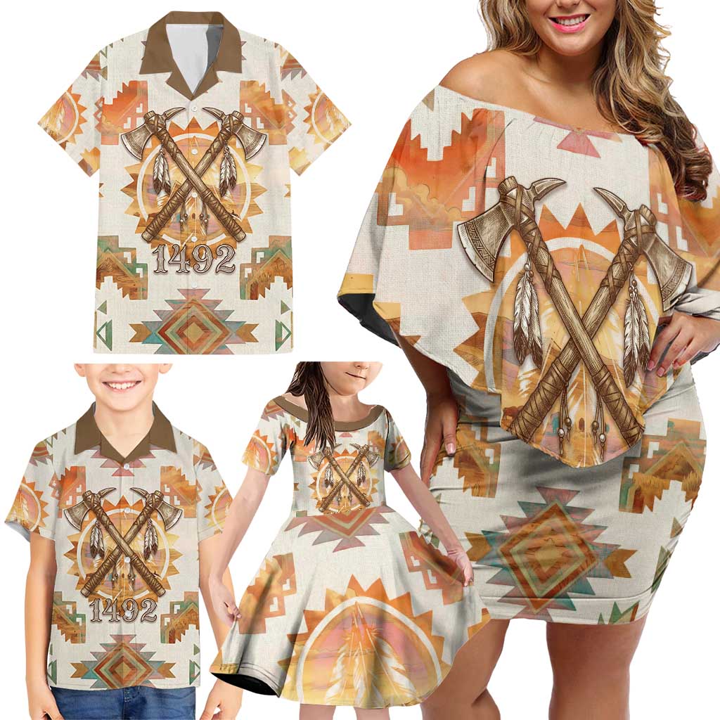 Native American Headdress and Tomahawk Family Matching Off Shoulder Short Dress and Hawaiian Shirt with 1492 Symbolic Date Traditional Feather Motif Indigenous Heritage - Wonder Print Shop