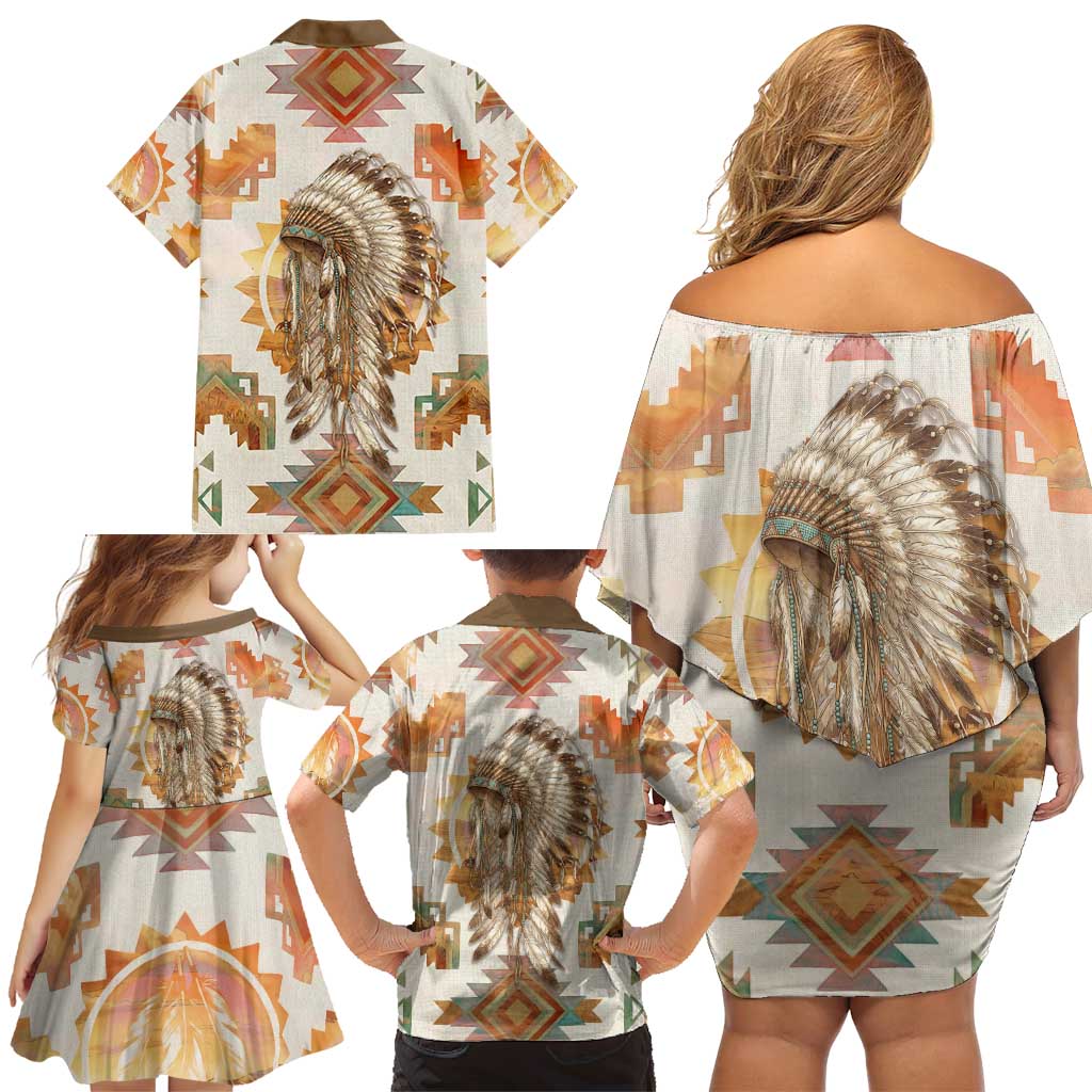 Native American Headdress and Tomahawk Family Matching Off Shoulder Short Dress and Hawaiian Shirt with 1492 Symbolic Date Traditional Feather Motif Indigenous Heritage - Wonder Print Shop