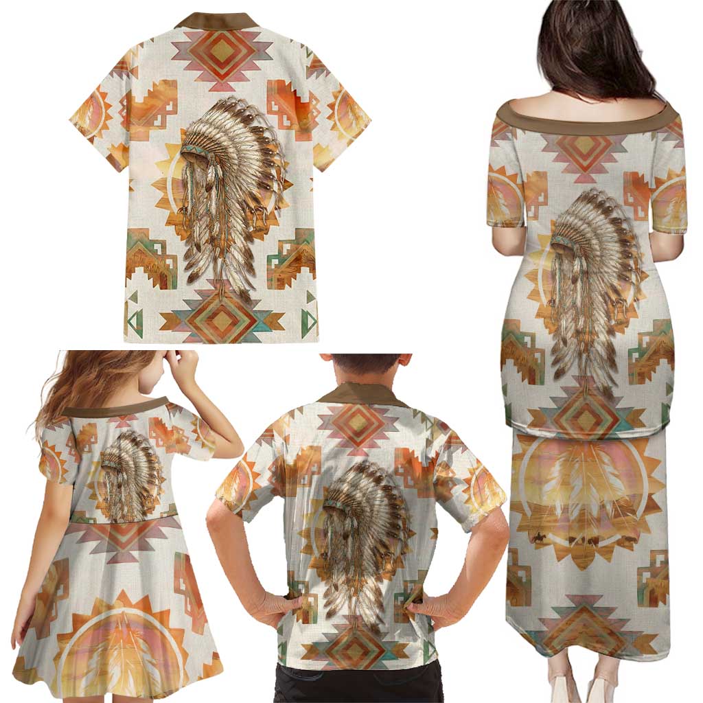 Native American Headdress and Tomahawk Family Matching Puletasi and Hawaiian Shirt with 1492 Symbolic Date Traditional Feather Motif Indigenous Heritage - Wonder Print Shop