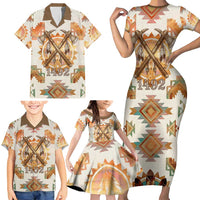 Native American Headdress and Tomahawk Family Matching Short Sleeve Bodycon Dress and Hawaiian Shirt with 1492 Symbolic Date Traditional Feather Motif Indigenous Heritage - Wonder Print Shop