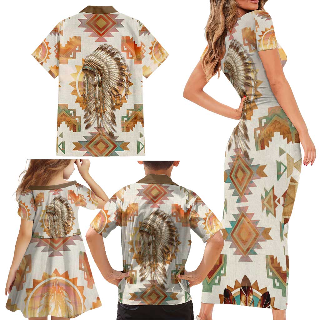 Native American Headdress and Tomahawk Family Matching Short Sleeve Bodycon Dress and Hawaiian Shirt with 1492 Symbolic Date Traditional Feather Motif Indigenous Heritage - Wonder Print Shop