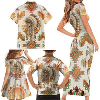 Native American Headdress and Tomahawk Family Matching Short Sleeve Bodycon Dress and Hawaiian Shirt with 1492 Symbolic Date Traditional Feather Motif Indigenous Heritage - Wonder Print Shop