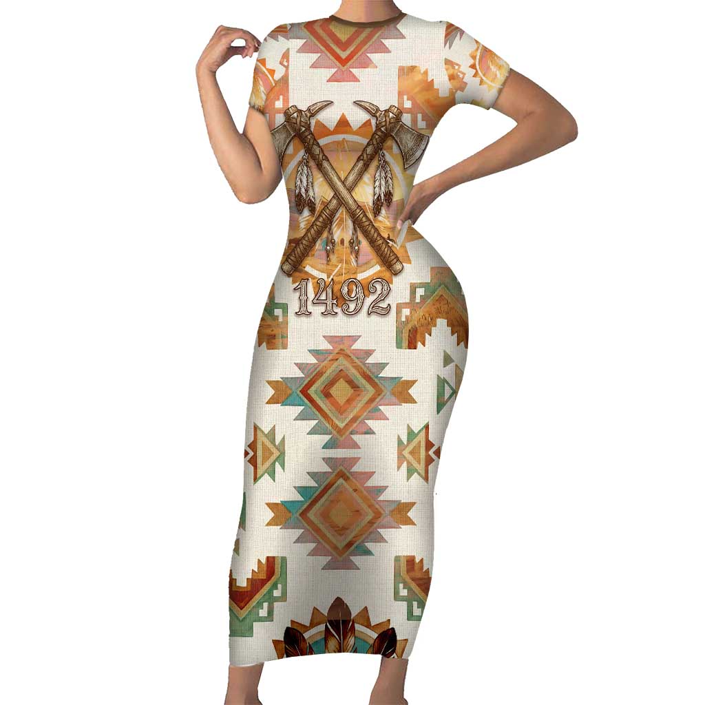 Native American Headdress and Tomahawk Family Matching Short Sleeve Bodycon Dress and Hawaiian Shirt with 1492 Symbolic Date Traditional Feather Motif Indigenous Heritage - Wonder Print Shop