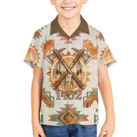 Native American Headdress and Tomahawk Family Matching Short Sleeve Bodycon Dress and Hawaiian Shirt with 1492 Symbolic Date Traditional Feather Motif Indigenous Heritage - Wonder Print Shop