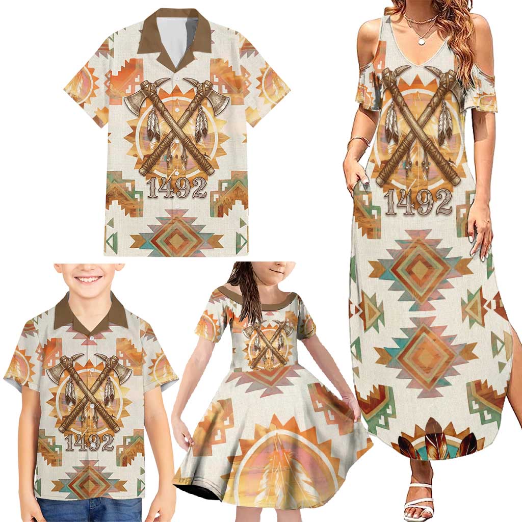 Native American Headdress and Tomahawk Family Matching Summer Maxi Dress and Hawaiian Shirt with 1492 Symbolic Date Traditional Feather Motif Indigenous Heritage - Wonder Print Shop