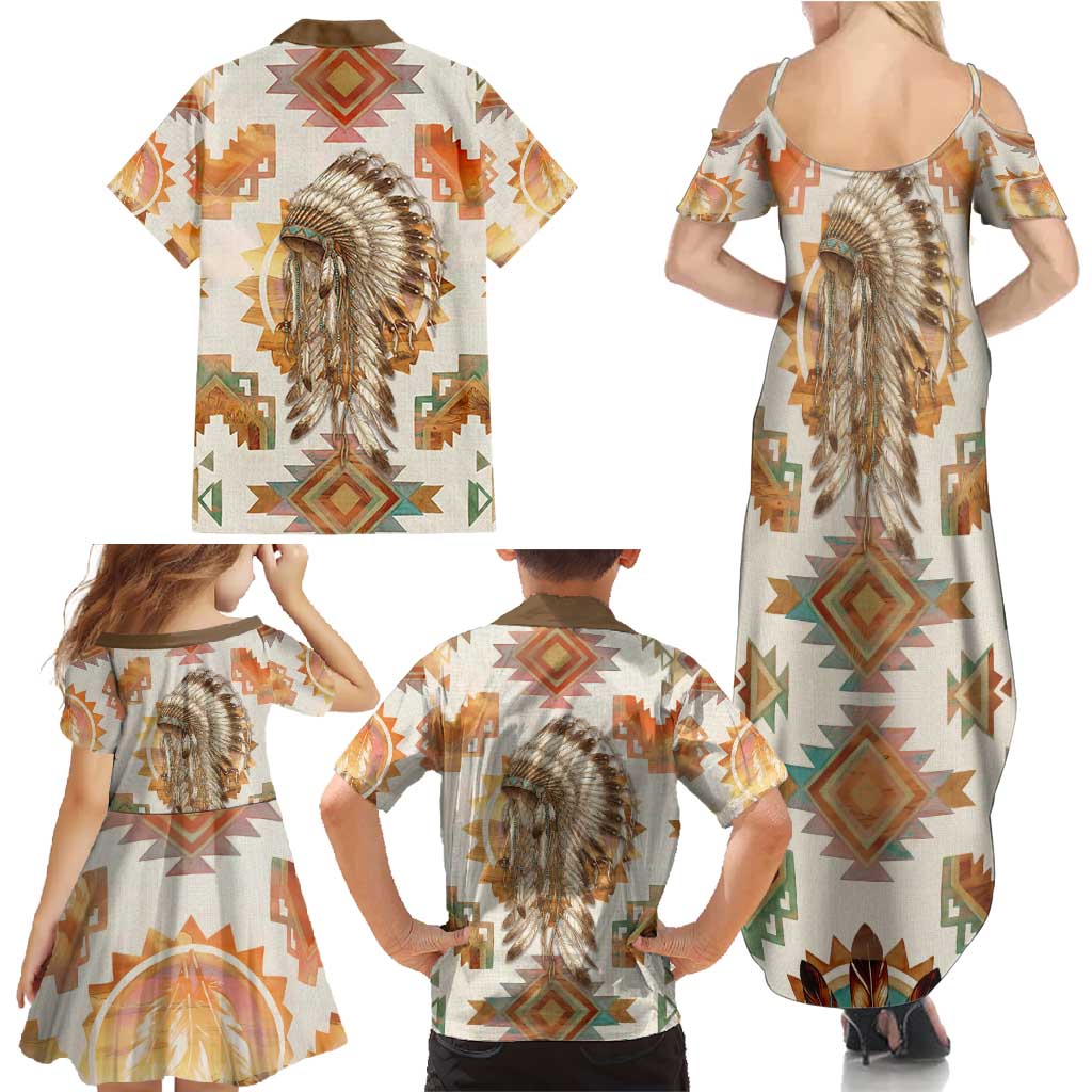 Native American Headdress and Tomahawk Family Matching Summer Maxi Dress and Hawaiian Shirt with 1492 Symbolic Date Traditional Feather Motif Indigenous Heritage - Wonder Print Shop