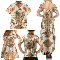 Native American Headdress and Tomahawk Family Matching Summer Maxi Dress and Hawaiian Shirt with 1492 Symbolic Date Traditional Feather Motif Indigenous Heritage - Wonder Print Shop
