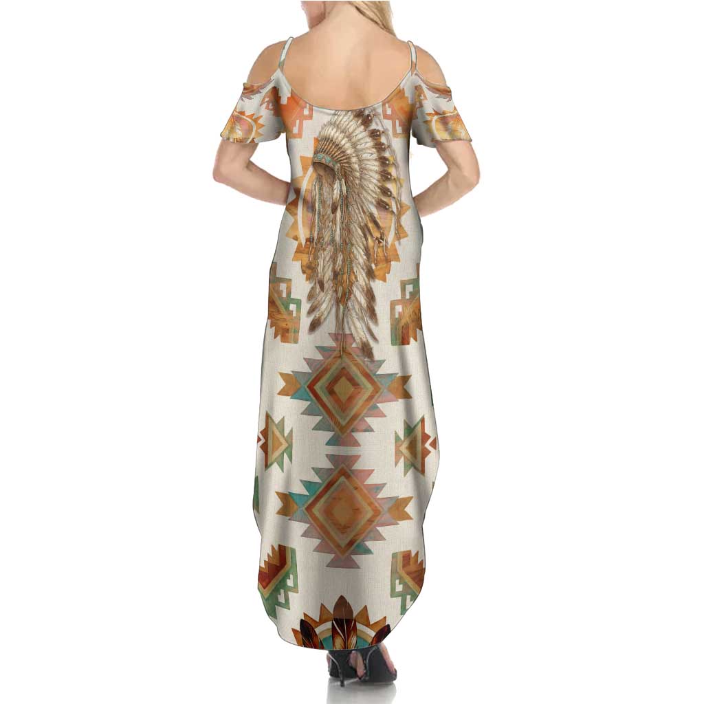 Native American Headdress and Tomahawk Family Matching Summer Maxi Dress and Hawaiian Shirt with 1492 Symbolic Date Traditional Feather Motif Indigenous Heritage - Wonder Print Shop