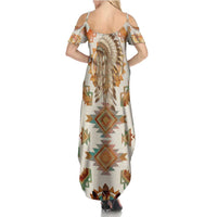 Native American Headdress and Tomahawk Family Matching Summer Maxi Dress and Hawaiian Shirt with 1492 Symbolic Date Traditional Feather Motif Indigenous Heritage - Wonder Print Shop