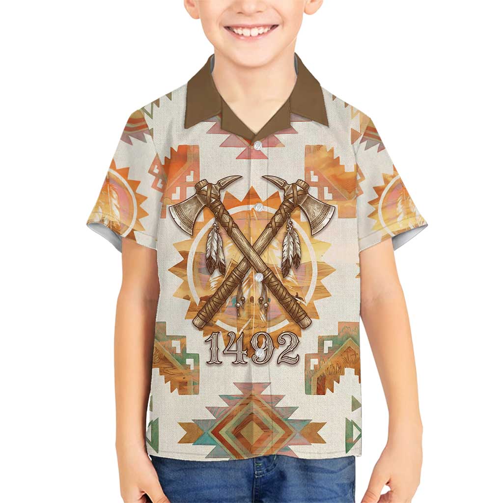 Native American Headdress and Tomahawk Family Matching Summer Maxi Dress and Hawaiian Shirt with 1492 Symbolic Date Traditional Feather Motif Indigenous Heritage - Wonder Print Shop