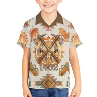 Native American Headdress and Tomahawk Family Matching Summer Maxi Dress and Hawaiian Shirt with 1492 Symbolic Date Traditional Feather Motif Indigenous Heritage - Wonder Print Shop
