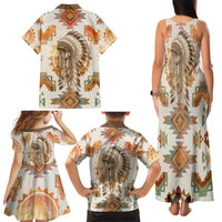 Native American Headdress and Tomahawk Family Matching Tank Maxi Dress and Hawaiian Shirt with 1492 Symbolic Date Traditional Feather Motif Indigenous Heritage - Wonder Print Shop