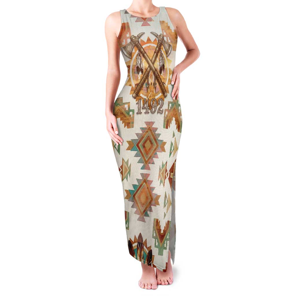 Native American Headdress and Tomahawk Family Matching Tank Maxi Dress and Hawaiian Shirt with 1492 Symbolic Date Traditional Feather Motif Indigenous Heritage - Wonder Print Shop