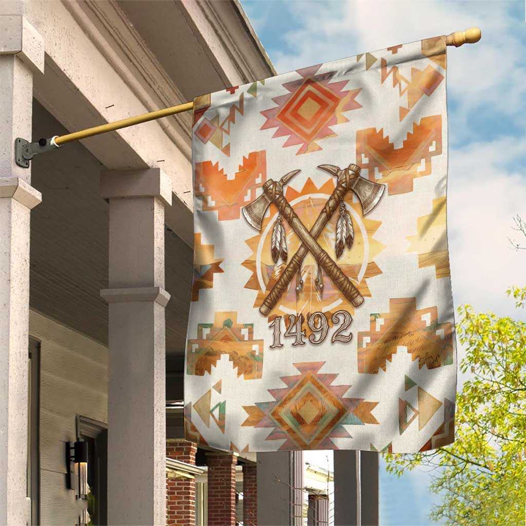 Native American Headdress and Tomahawk Garden Flag with 1492 Symbolic Date Traditional Feather Motif Indigenous Heritage - Wonder Print Shop