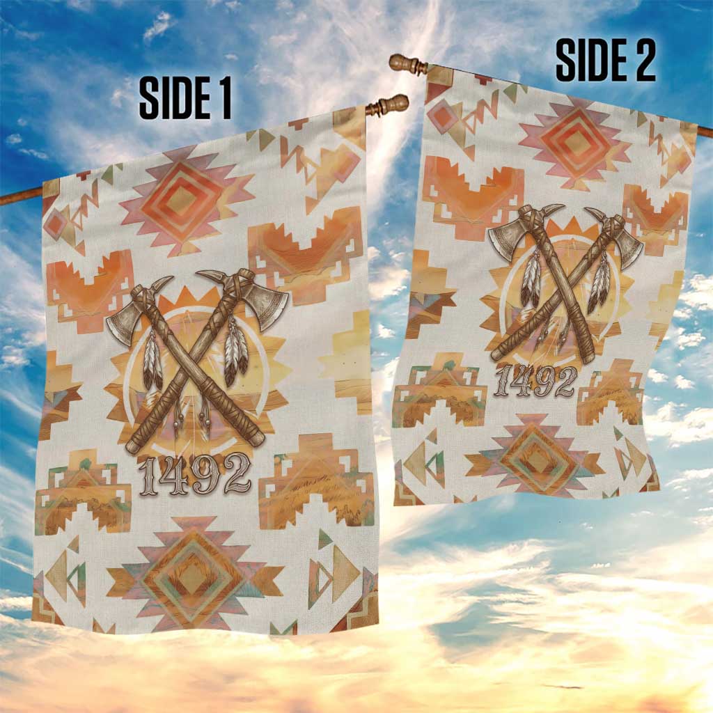 Native American Headdress and Tomahawk Garden Flag with 1492 Symbolic Date Traditional Feather Motif Indigenous Heritage - Wonder Print Shop
