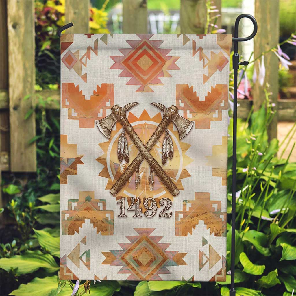 Native American Headdress and Tomahawk Garden Flag with 1492 Symbolic Date Traditional Feather Motif Indigenous Heritage - Wonder Print Shop