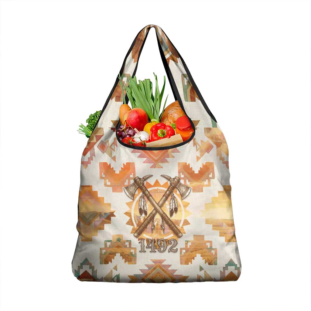 Native American Headdress and Tomahawk Grocery Bag with 1492 Symbolic Date Traditional Feather Motif Indigenous Heritage - Wonder Print Shop