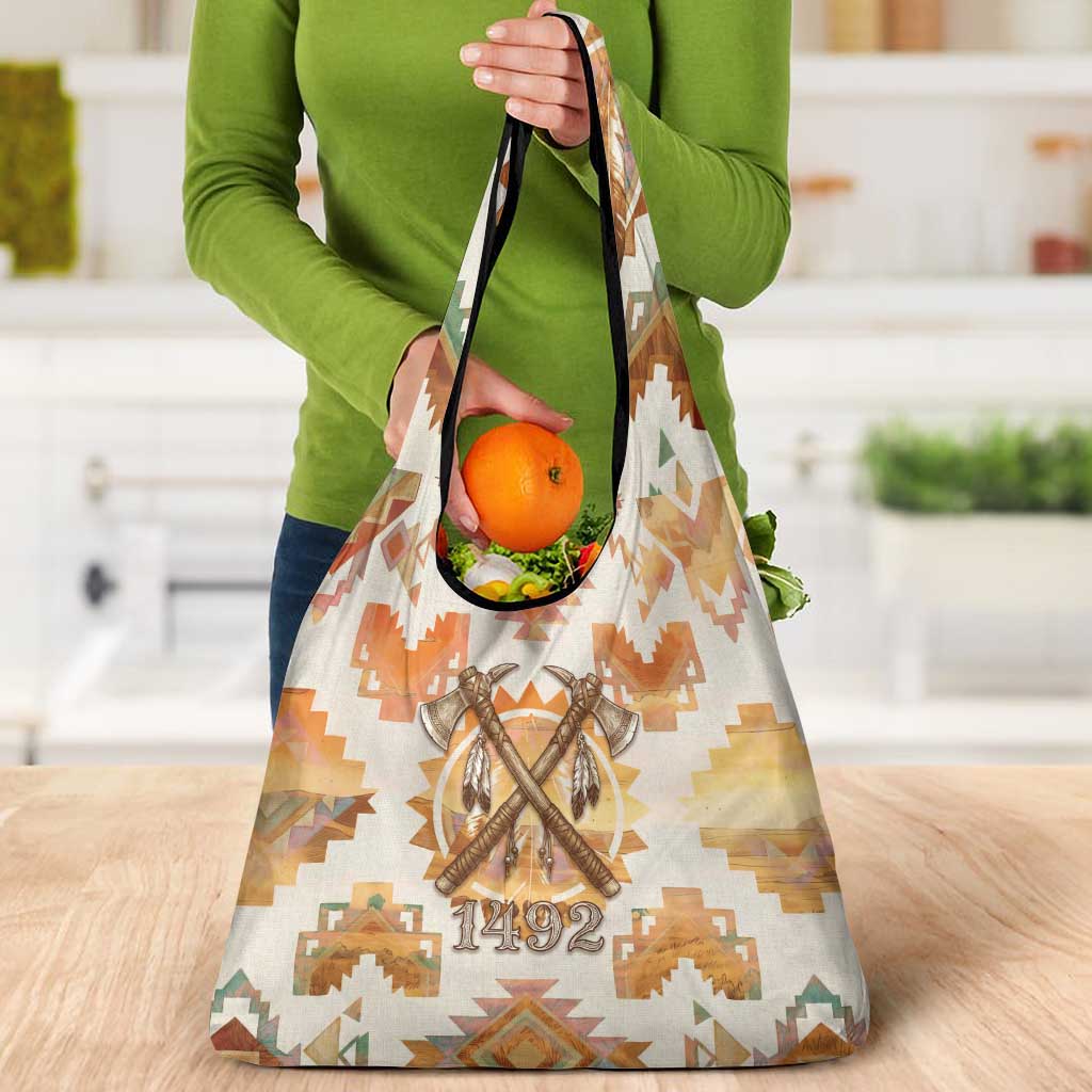 Native American Headdress and Tomahawk Grocery Bag with 1492 Symbolic Date Traditional Feather Motif Indigenous Heritage - Wonder Print Shop