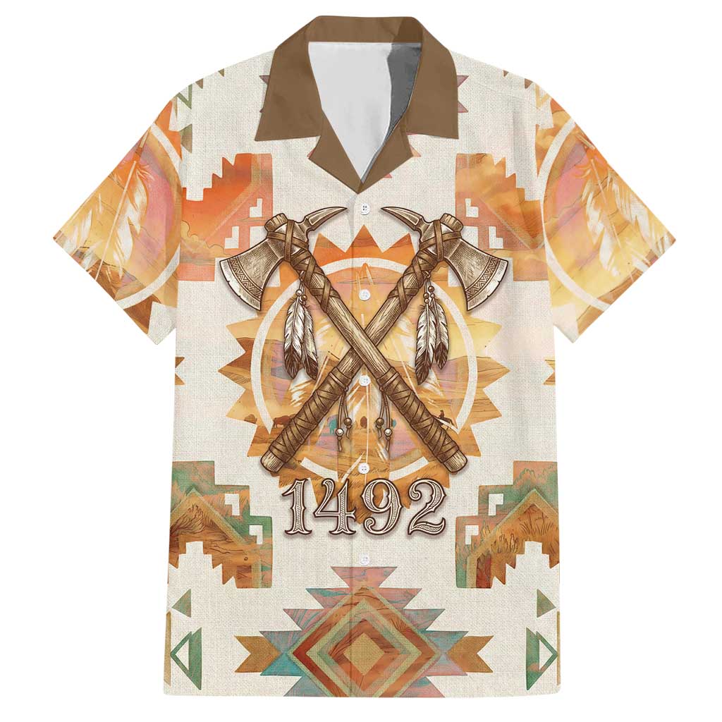 Native American Headdress and Tomahawk Hawaiian Shirt with 1492 Symbolic Date Traditional Feather Motif Indigenous Heritage - Wonder Print Shop