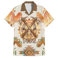 Native American Headdress and Tomahawk Hawaiian Shirt with 1492 Symbolic Date Traditional Feather Motif Indigenous Heritage - Wonder Print Shop