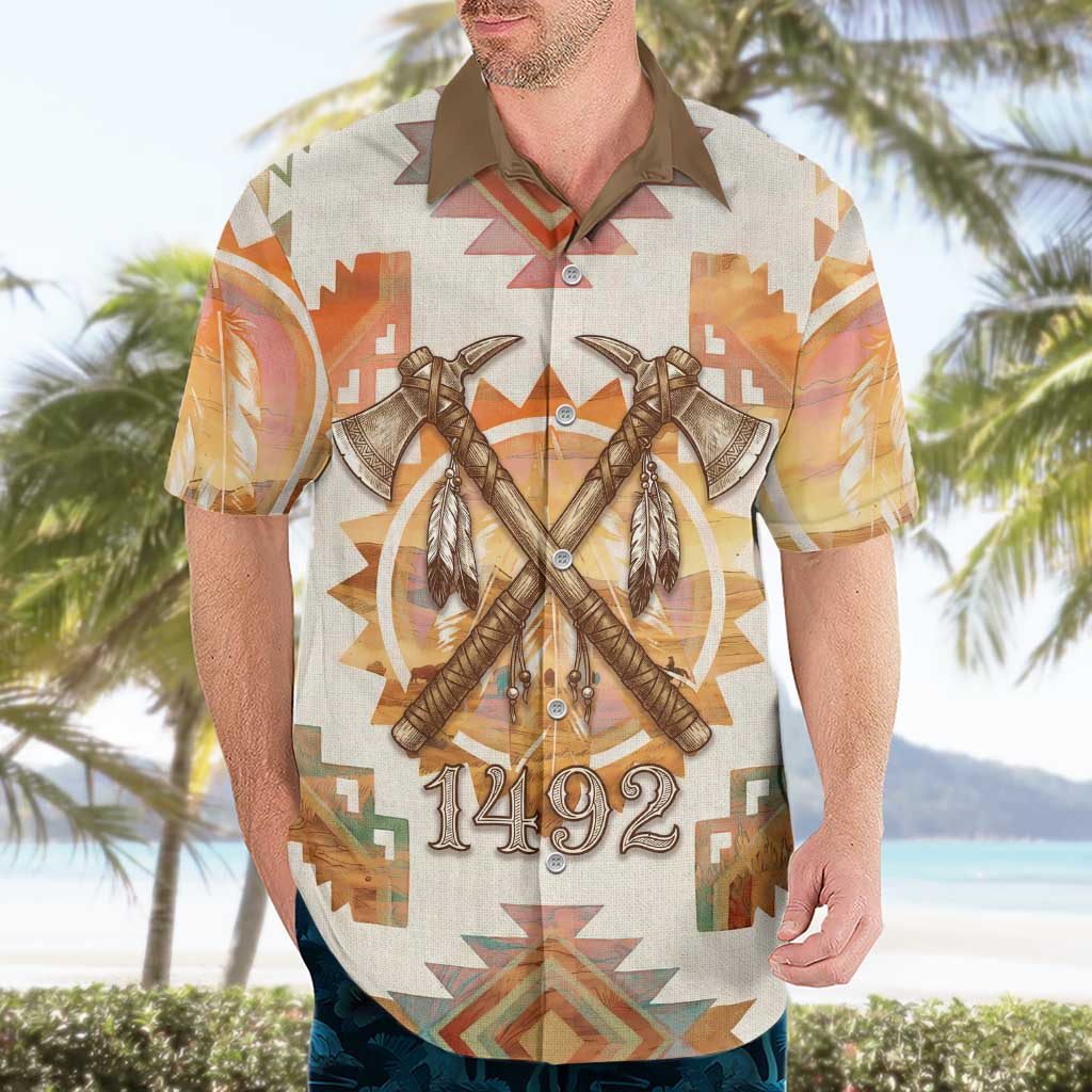 Native American Headdress and Tomahawk Hawaiian Shirt with 1492 Symbolic Date Traditional Feather Motif Indigenous Heritage - Wonder Print Shop