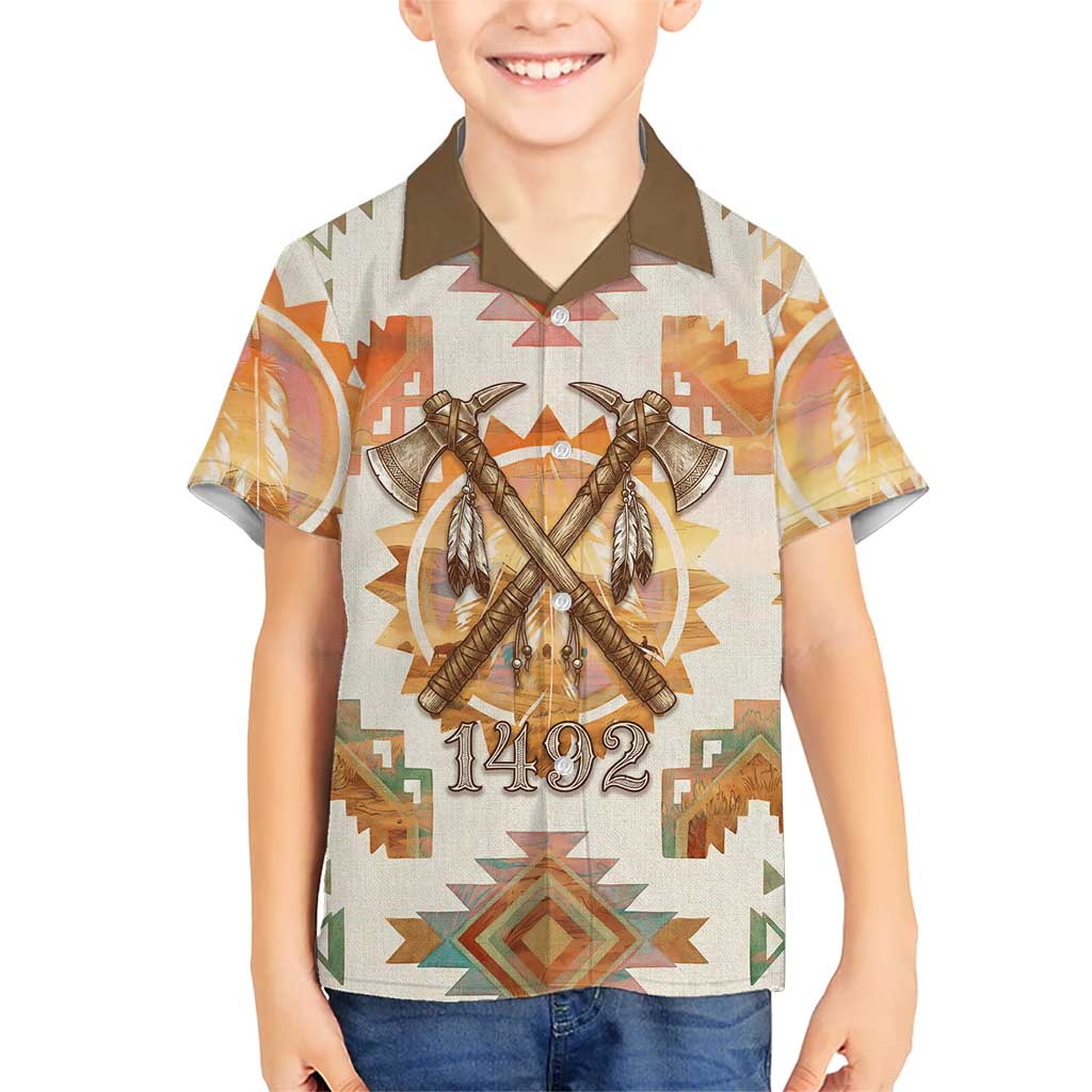 Native American Headdress and Tomahawk Hawaiian Shirt with 1492 Symbolic Date Traditional Feather Motif Indigenous Heritage - Wonder Print Shop