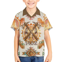 Native American Headdress and Tomahawk Hawaiian Shirt with 1492 Symbolic Date Traditional Feather Motif Indigenous Heritage - Wonder Print Shop